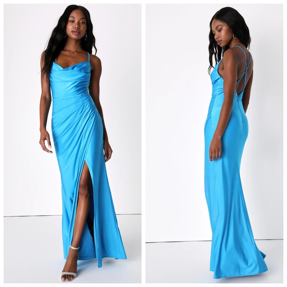 Lulus Turquoise Blue Cowl Neck Ruched Strappy Back Maxi Dress XL Slit Prom Gown